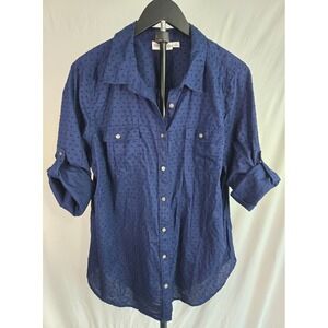 Navy Blue Swiss Dot Button Front Roll Tab Shirt Top Sz XL 100% Cotton Minimalist